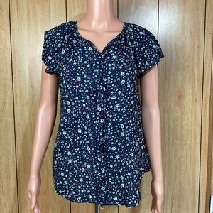 Simple Fun Navy Floral Blouse with Cap Sleeves SZ - S